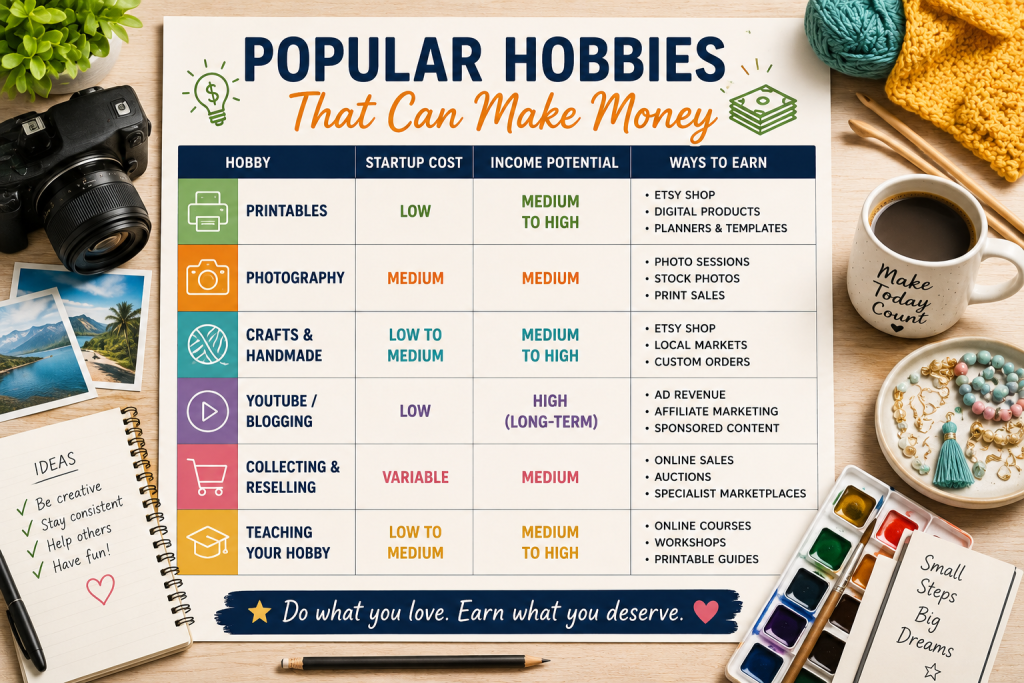 Infographic showing popular hobbies that can make money including photography blogging crafts and printables