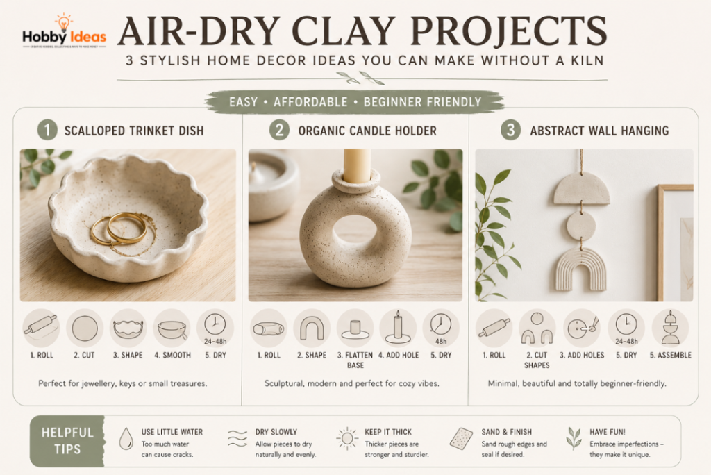 Infographic showing three stylish air dry clay projects for beginners including a trinket dish, candle holder and abstract wall hanging