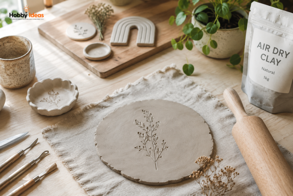 Photorealistic air dry clay workspace showing handmade clay decor pieces, rolling tools, textured clay and calming natural craft materials