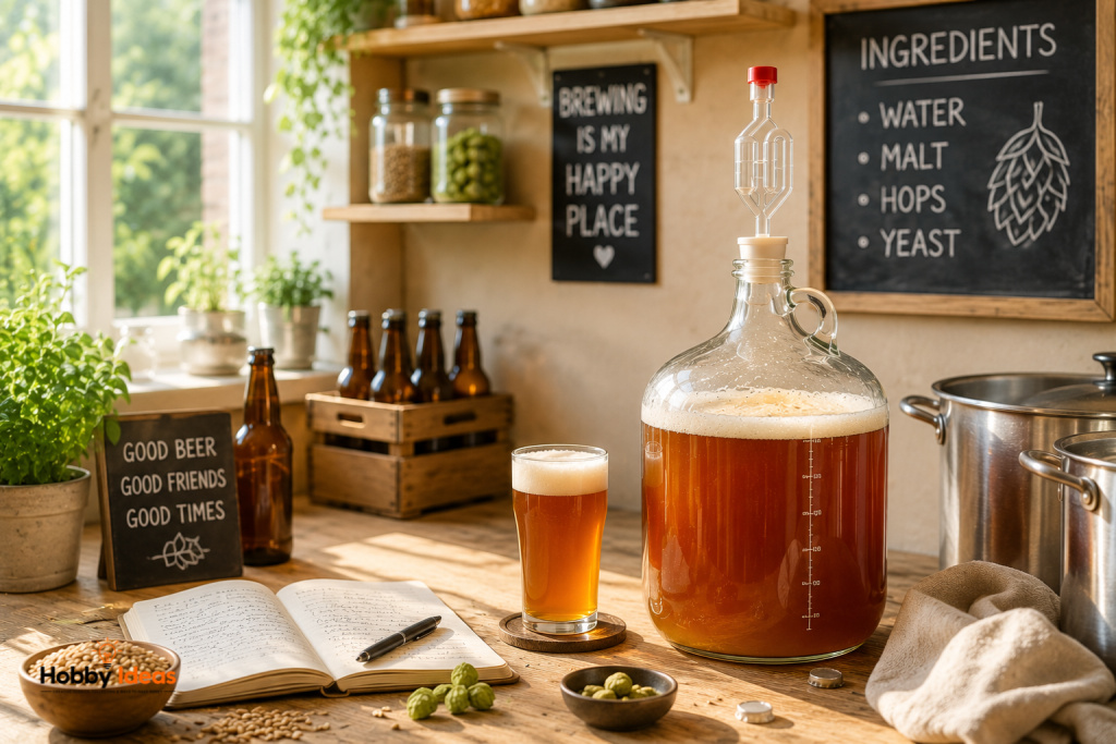 Bright atmospheric home brewing setup with fermenting beer, brewing ingredients and warm sunlight in a rustic kitchen