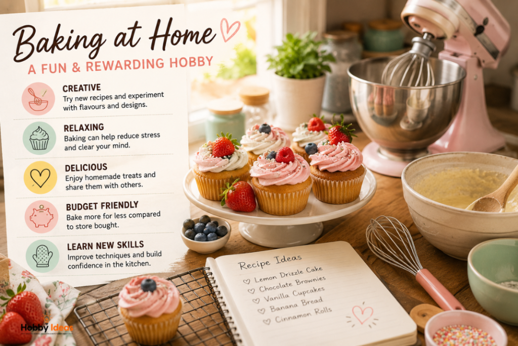 Baking at home hobby scene with cupcakes mixing bowls recipe notebook and kitchen equipment