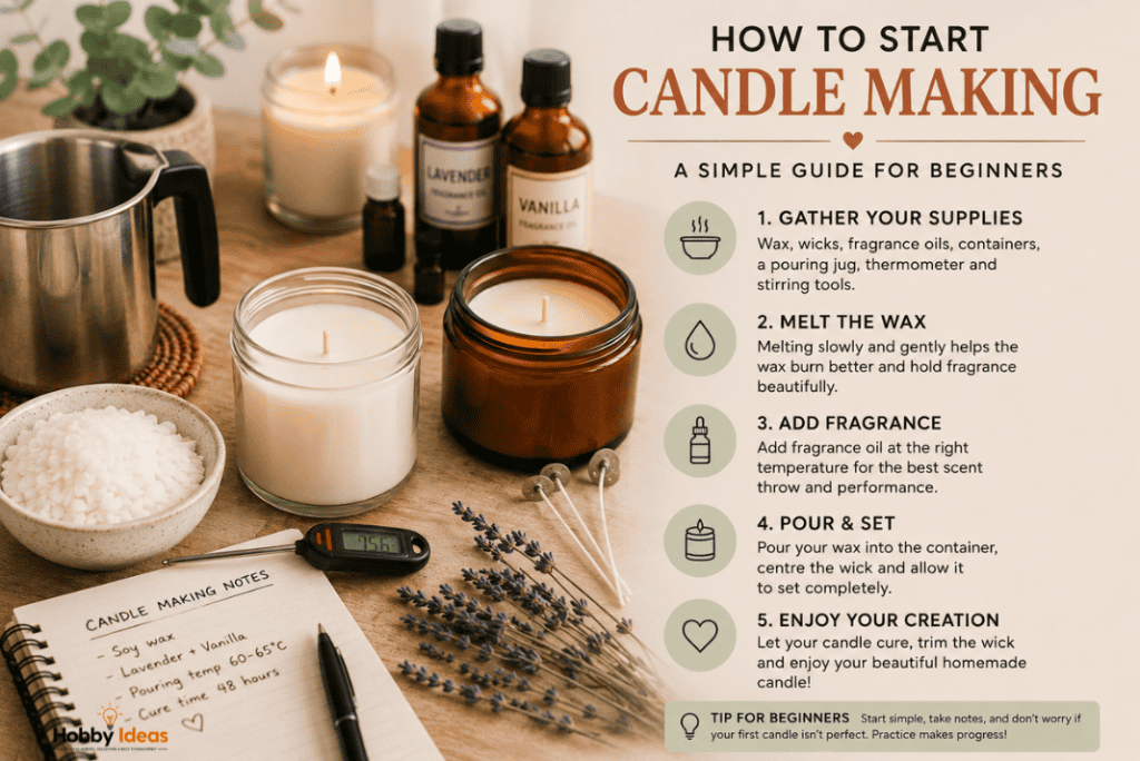 Infographic showing beginner candle making steps including melting wax adding fragrance oils pouring candles and setting wicks