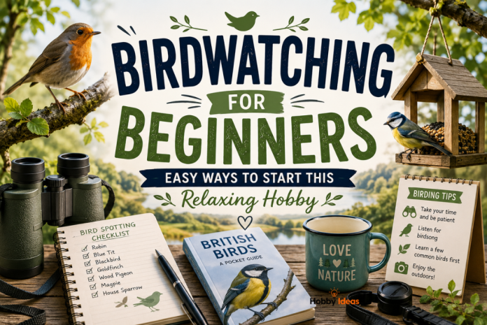 Birdwatching for beginners with binoculars British garden birds bird feeder and outdoor bird spotting equipment
