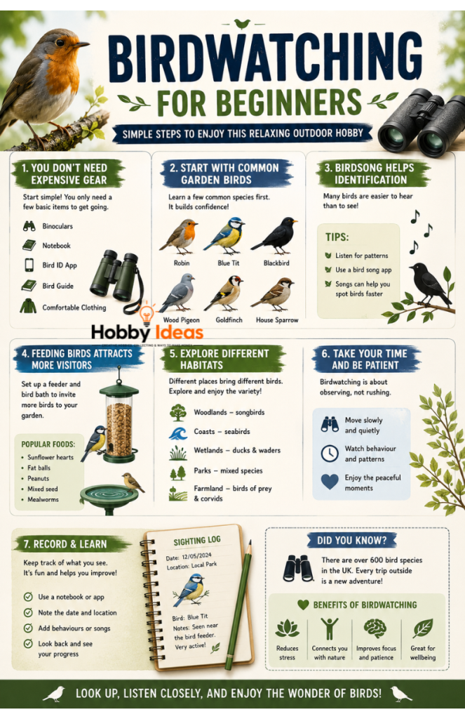 Infographic showing birdwatching for beginners with binoculars bird spotting checklist common British birds and outdoor birding tips
