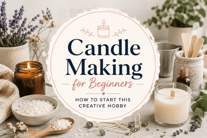 Candle making supplies with soy wax jars lavender fragrance oils and beginner candle crafting setup on a cosy tabletop