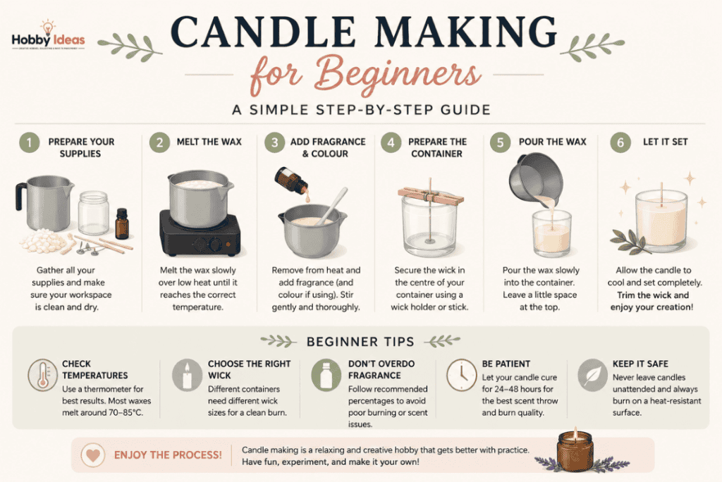 Infographic showing beginner candle making steps including melting wax adding fragrance preparing jars and pouring homemade candles