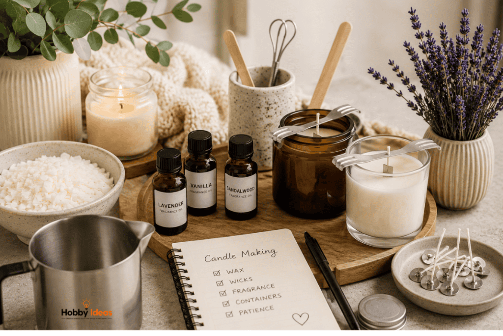 Cosy candle making setup with soy wax fragrance oils, jars, wicks and handmade candle crafting supplies on a tabletop