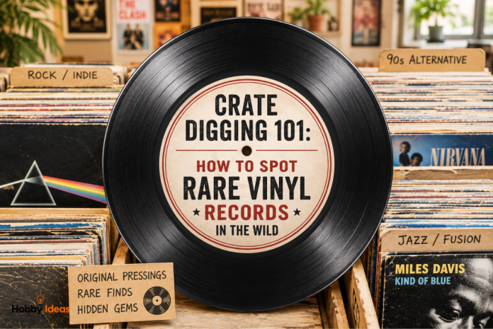 Crate Digging 101: How to Spot Rare Vinyl Records in the Wild Featured image showing a vinyl record label with crate digging and rare vinyl records text surrounded by vintage record crates and albums