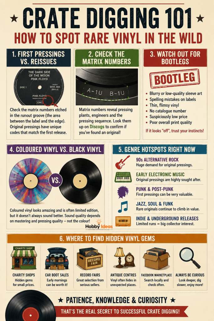 Vertical infographic explaining how to spot rare vinyl records including first pressings, matrix numbers, bootlegs, coloured vinyl and crate digging tips