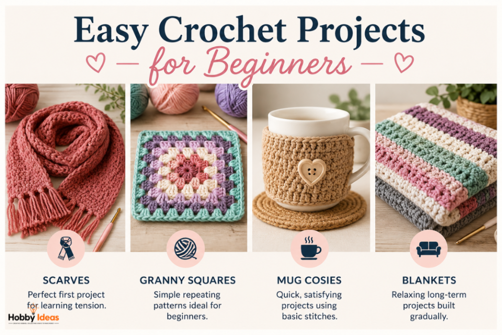 Infographic showing easy crochet projects for beginners including scarves granny squares mug cosies and blankets