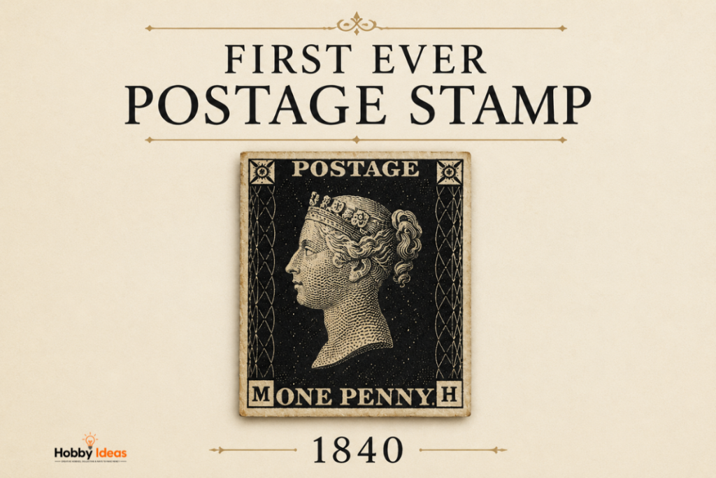 Historic Penny Black from 1840 displayed with text reading First Ever Postage Stamp on a vintage style background
