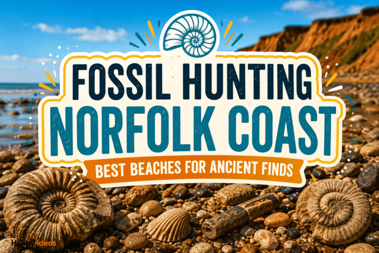 Bright featured image for fossil hunting Norfolk coast showing ammonite fossils on a rocky beach with centred editorial title text