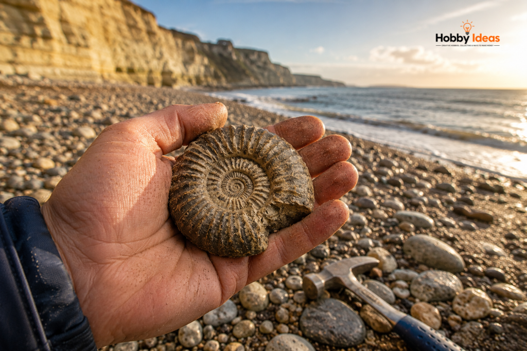 Hand holding an ammonite fossil on a rocky British beach at sunset with coastal cliffs and a geology hammer in the background