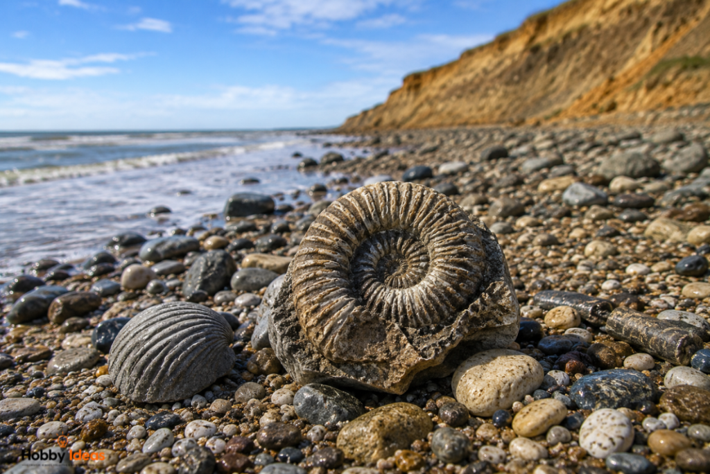 Photorealistic fossil hunting scene on the Norfolk coast showing ammonite fossils on a rocky beach beneath coastal cliffs