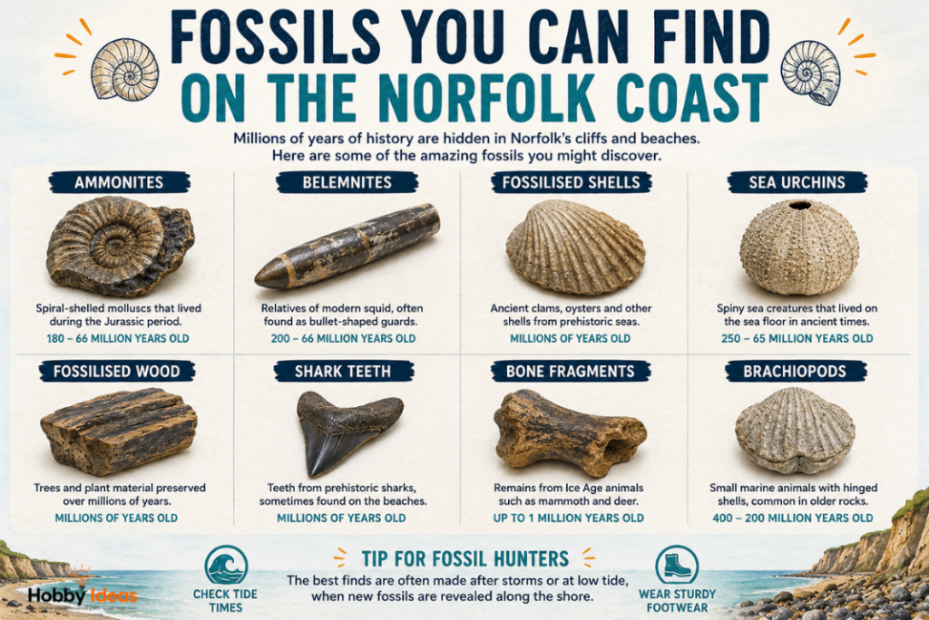 Educational infographic showing fossils found on the Norfolk coast including ammonites, belemnites, shark teeth, fossilised wood and sea urchins