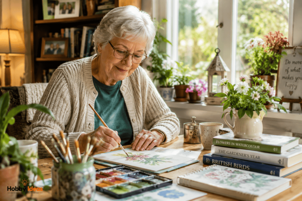 Senior woman enjoying watercolour painting at a cosy table surrounded by plants, books and creative hobby supplies at home