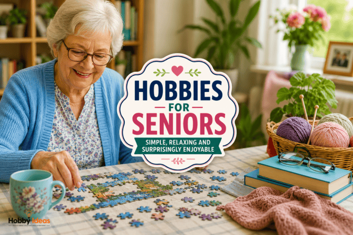 Hobbies for Seniors That Are Simple, Relaxing and Surprisingly Enjoyable Bright featured image showing an older woman enjoying puzzles and relaxing creative hobbies at home with centred Hobbies for Seniors text