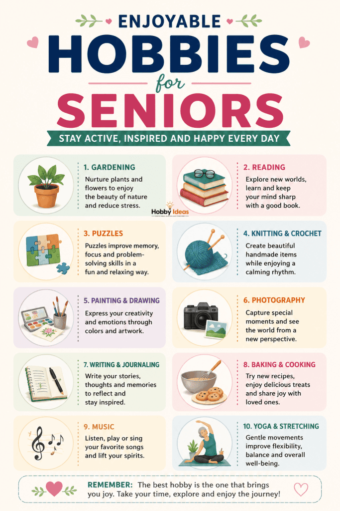 Infographic showing enjoyable hobbies for seniors including gardening, reading, puzzles, knitting, painting and relaxing home activities