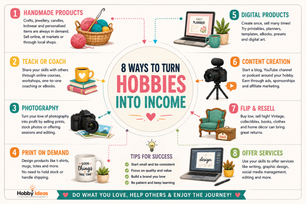 Colourful infographic showing eight creative ways to turn hobbies into income including crafts photography digital products and content creation