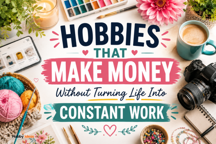 Hobbies That Make Money Without Turning Life Into Constant Work Featured Image Hobbies that make money featured image with colourful creative workspace crochet camera crafts and centralised motivational text
