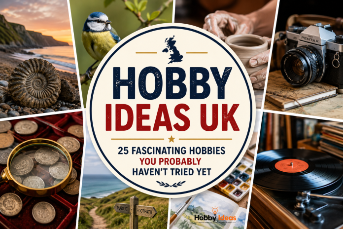 Hobby Ideas UK – 25 Fascinating Hobbies You Probably Haven’t Tried Yet Collage of popular British hobbies including birdwatching, fossil hunting, coin collecting, pottery, photography, painting, hiking and vinyl record collecting surrounding the title Hobby Ideas UK
