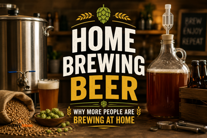 Home brewing beer setup with fermentation equipment, hops, grains and craft beer in a warm rustic brewing space