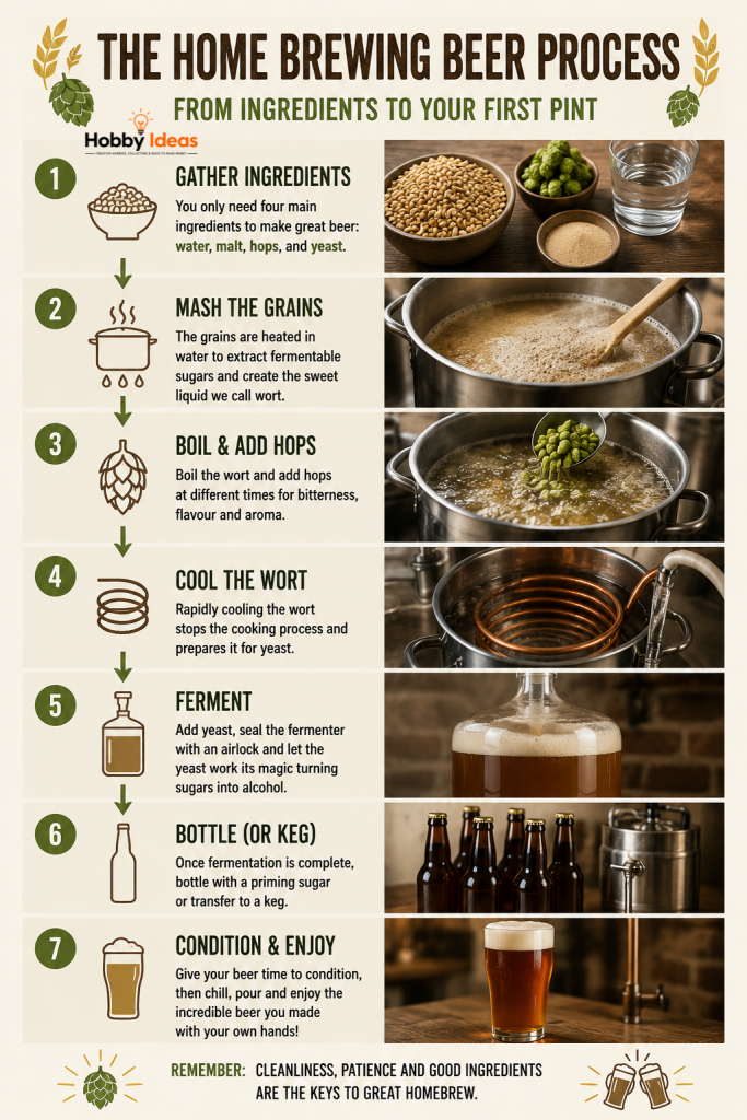 Infographic explaining the basic stages of home brewing beer from ingredients to fermentation and bottling