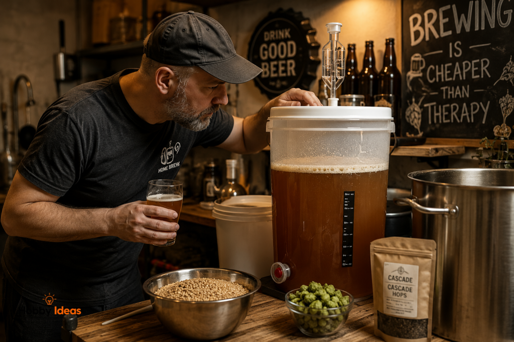 Home brewer checking fermentation equipment during the beer brewing process in a warm rustic brewing space