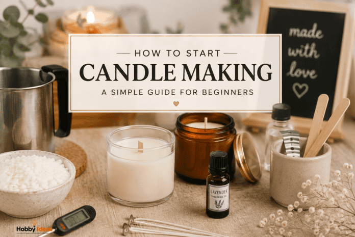 How to Start Candle Making from home Featured Image Beginner candle making supplies including soy wax jars fragrance oils and homemade candles on a craft table