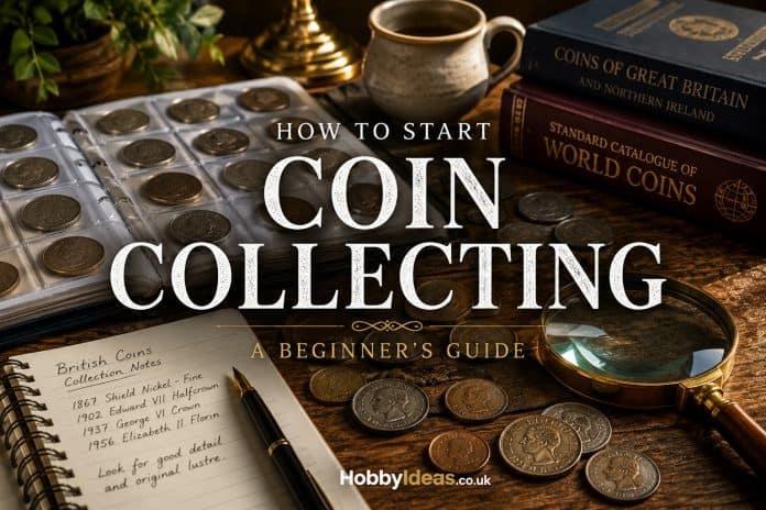 How to start coin collecting featured image showing a coin album, British coins, magnifying glass and collecting notebook on a wooden desk.