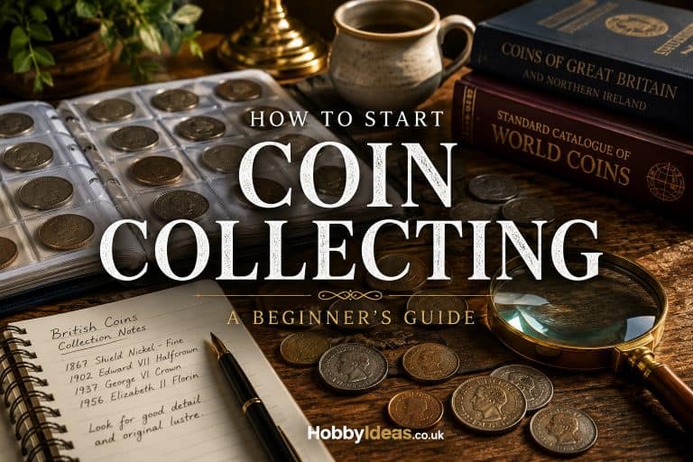 How to start coin collecting featured image showing a coin album, British coins, magnifying glass and collecting notebook on a wooden desk.