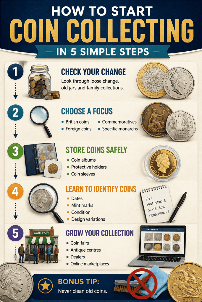 Infographic showing five simple steps to start coin collecting including finding coins, choosing a focus, storing coins safely, identifying coins and growing a collection