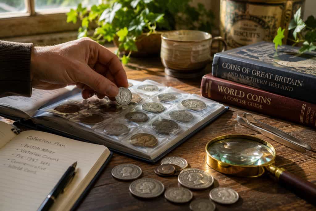 Collector carefully placing a British coin into an album beside a magnifying glass and reference books, illustrating how to start coin collecting and organise a beginner's collection.