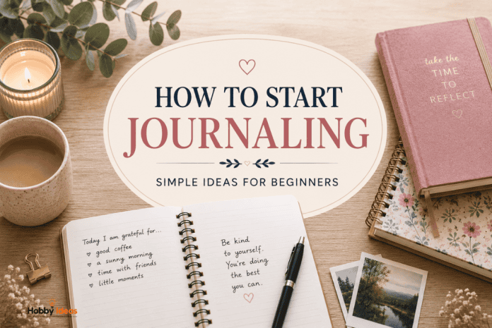 How to Start Journaling Featured Image How to start journaling featured image with notebooks coffee candle and central oval text for beginner journaling ideas
