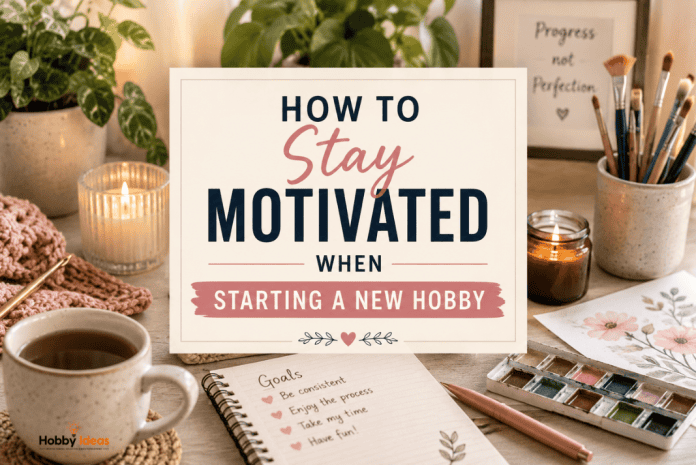 How to Stay Motivated When Starting a New Hobby Featured Image How to stay motivated featured image with journal tea candles creative hobbies and calming productivity workspace