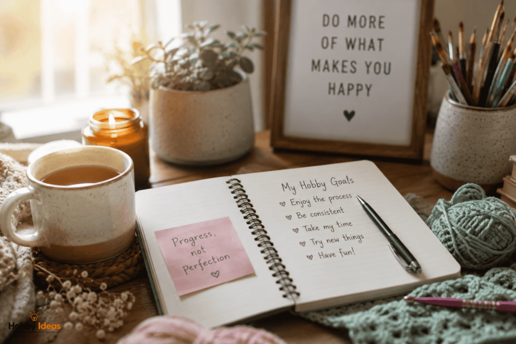 Cozy hobby workspace with notebook tea candles crochet supplies and motivational hobby goals list