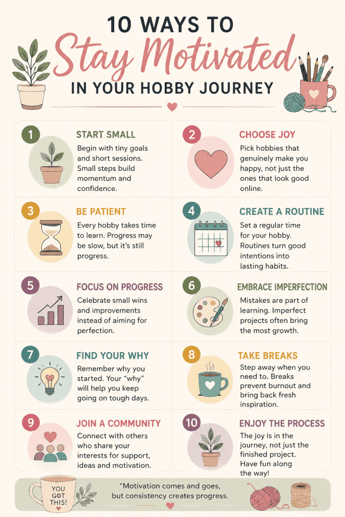 Infographic showing ten simple ways to stay motivated when starting a new hobby including routines patience creativity and progress tips