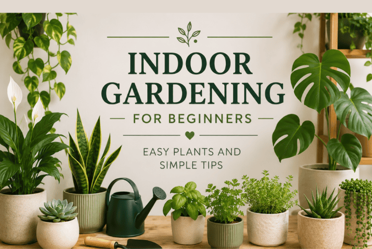 Indoor gardening for beginners with easy houseplants, herbs, succulents and watering tools on a wooden table