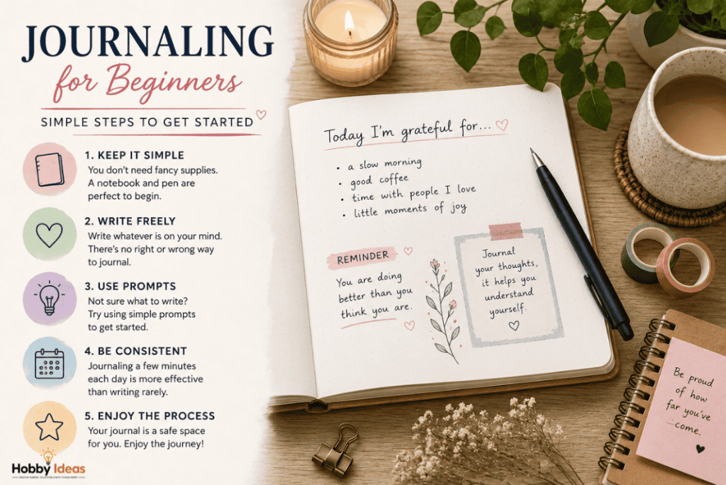 Infographic showing beginner journaling tips prompts and simple steps to start journaling at home