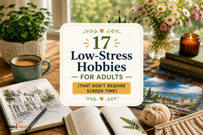 17 Low-Stress Hobbies for Adults (That Don’t Require Screen Time) Collage-style featured image showing relaxing screen-free hobbies for adults including sketching, puzzles, pottery, journaling and indoor gardening