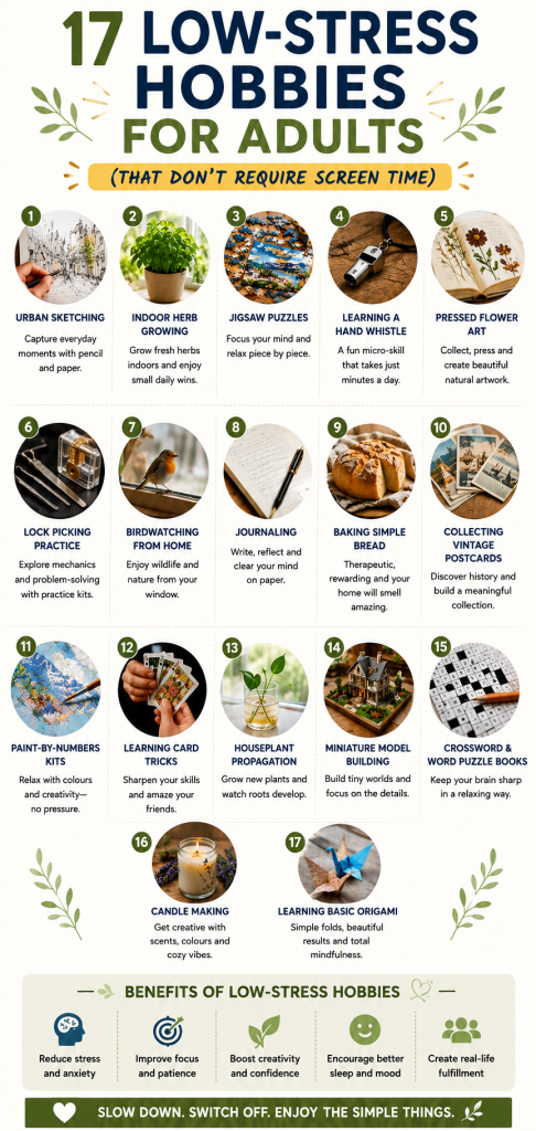 Infographic showing 17 low-stress hobbies for adults, including sketching, journaling, puzzles, candle making, gardening and other relaxing screen-free hobbies