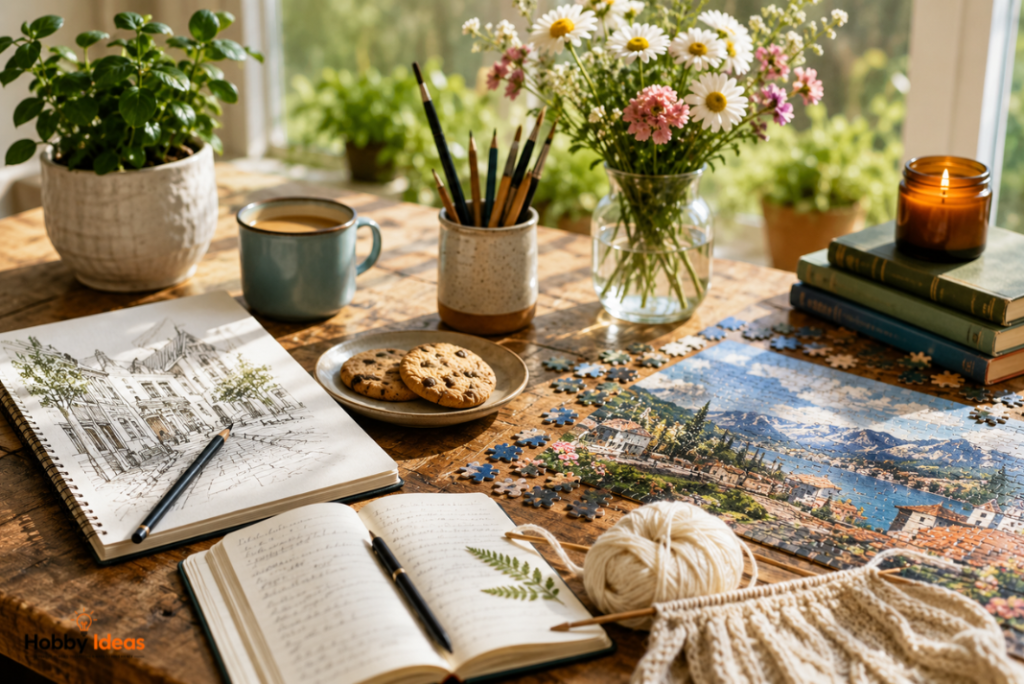 Bright photorealistic scene showing relaxing screen-free hobbies including sketching, journaling, puzzles, knitting and indoor plants beside a sunny window