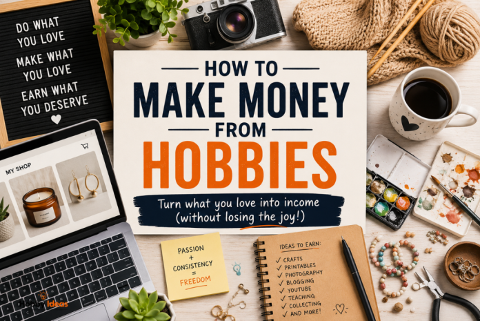 Creative hobby workspace showing ways to make money from hobbies including crafts photography and printables
