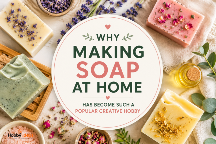Bright featured image for making soap at home showing handmade soap bars, dried flowers, oils and centred editorial text