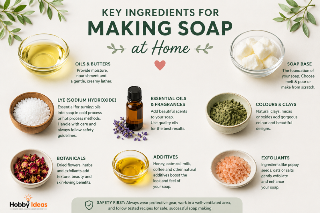 Infographic showing key ingredients for making soap at home including oils, soap base, essential oils, botanicals, clays and exfoliants