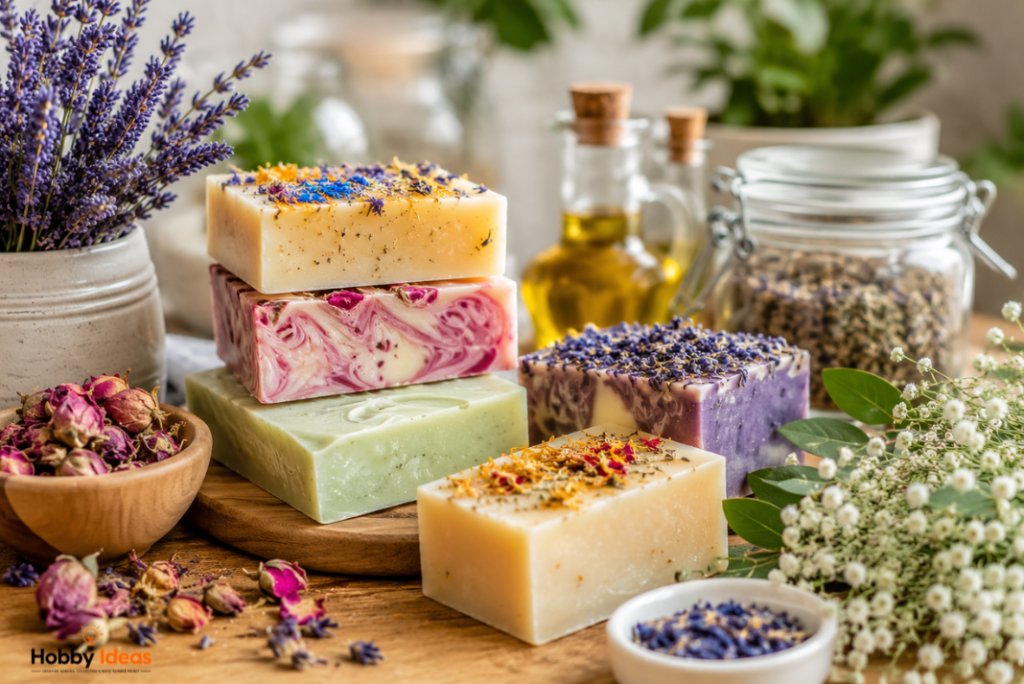 Photorealistic handmade soap making scene showing colourful artisan soap bars, dried flowers, oils and calming botanical craft workspace