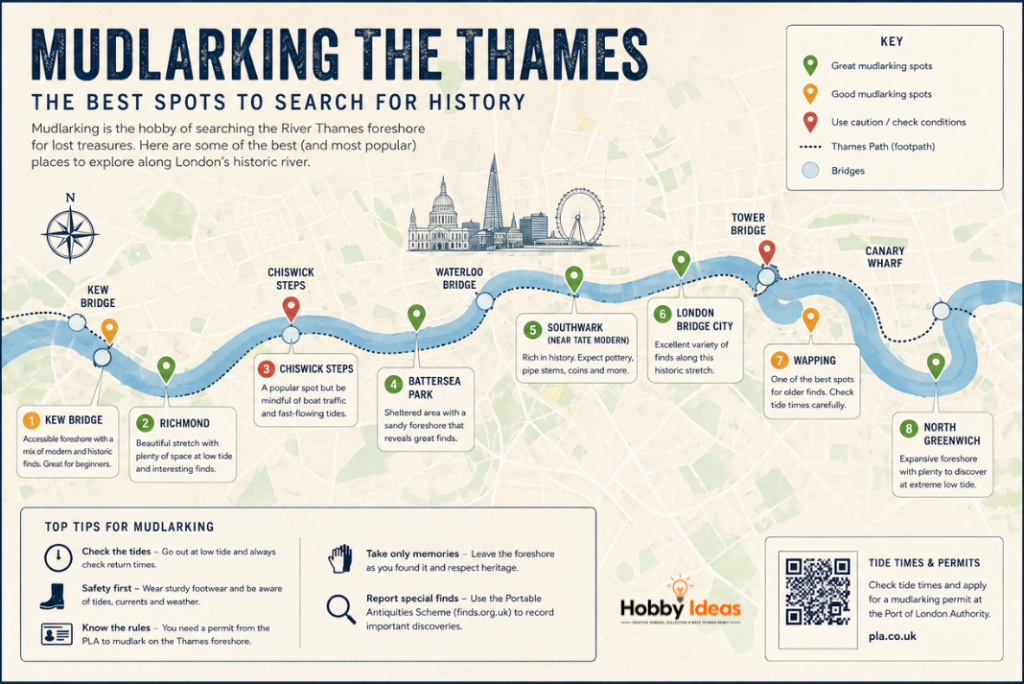 Infographic map showing popular mudlarking locations along the River Thames with safety tips and historical searching areas