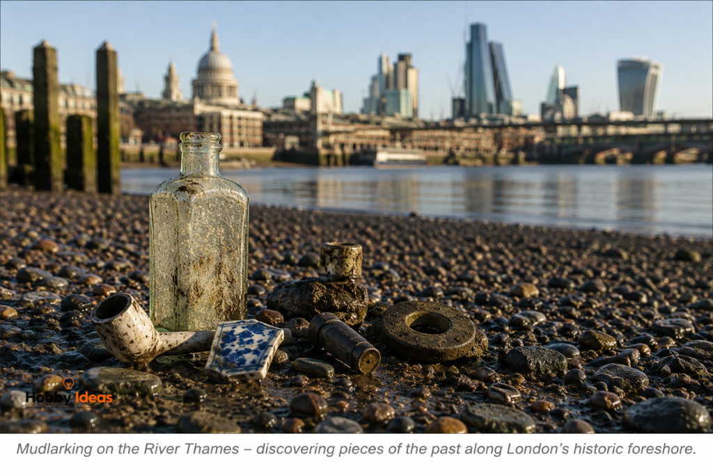 Historic mudlarking finds including an old bottle, clay pipe and pottery fragments on the River Thames foreshore with London's skyline in the background