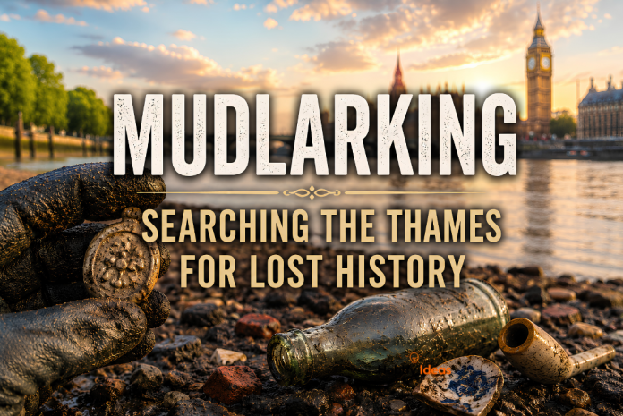 Mudlarking: Searching the Thames for Lost History Bright editorial featured image for mudlarking showing historic finds on the Thames foreshore with London skyline at sunset