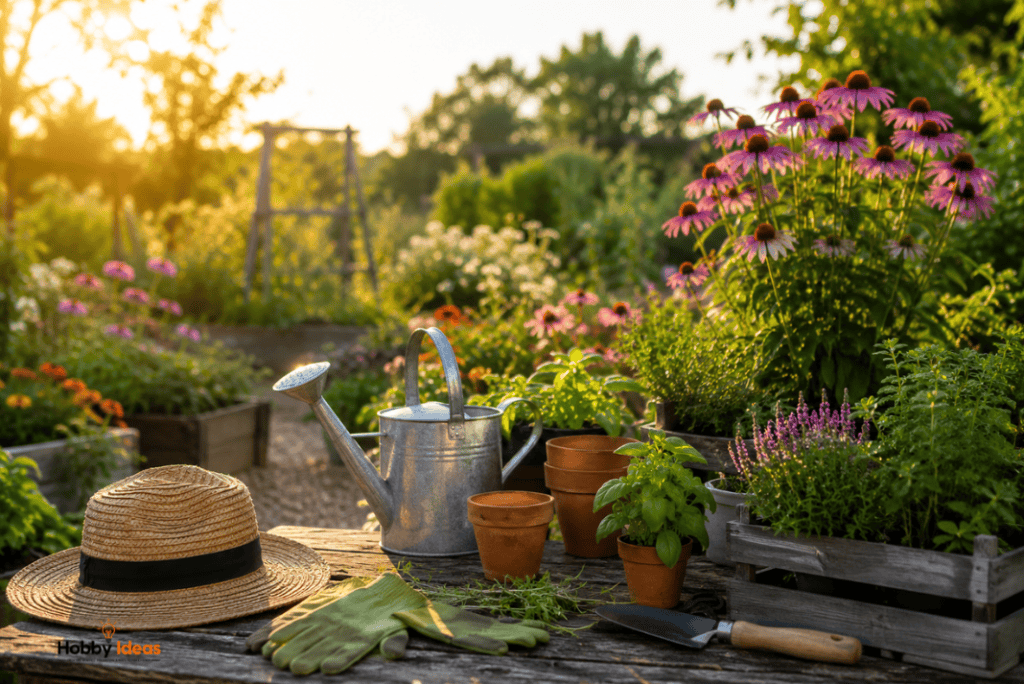 Sunny garden scene with watering can flowers gardening tools and outdoor hobby atmosphere during golden hour